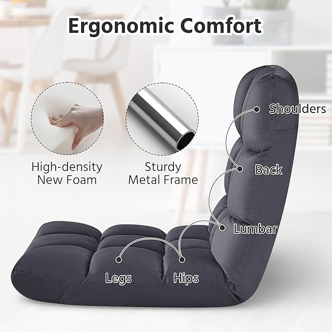 Yaheetech Padded Floor Chair with Back Support, Lounge Chairs Armless Meditation Cushion with Memory Foam, Adults Video Gaming Sofa Chair with Adjustable Backrest Floor Seating, Gray, 2pcs