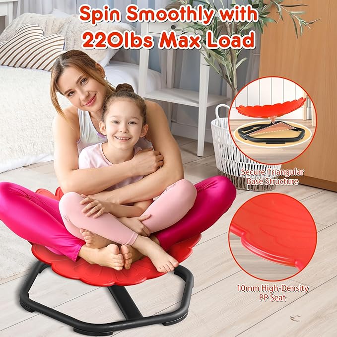 Flower Swivel Chair for Kids, 360° Spinning Seat, Autism Sensory Spin Chair, Toddler Sit and Spin Wobble Seat, ADHD Toy Chairs, Play Equipment Relief Motion Sickness for Boys Girls (Red)