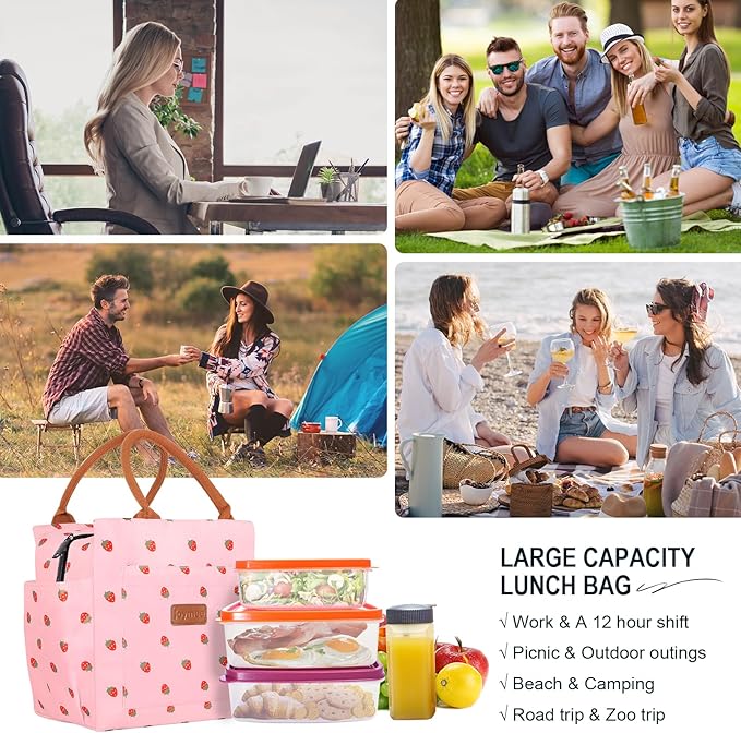 Joymee Lunch Bag Women Insulated Lunch Box Reusable Leakproof Large Spacious Cooler Tote for Women Men Adult with Bottle Holder and Side Pockets for Work Office Travel Picnic - Strawberry Pink