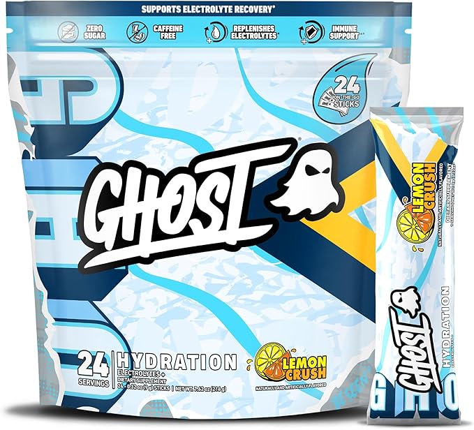 GHOST Hydration Packets, Lemon Crush, 24 Sticks, Electrolyte Powder - Drink Mix Supplement with Magnesium, Potassium, Calcium, Vitamin C - Vegan Friendly, Free of Soy, Sugar & Gluten