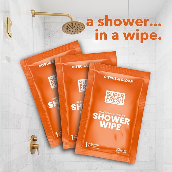 Super Fresh Shower Wipes Large Citrus & Cedar Body Wipes for No Rinse Bathing Personal Hygiene Gym Travel or Camping Enriched with Aloe and Vitamin E 10 Individually Wrapped Disposable Sheets