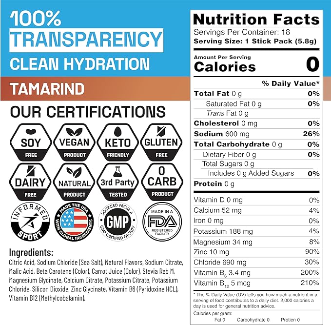 EN, Sugar-Free Electrolytes Powder Packets β Keto Electrolytes Hydration Packets, Single-Serving Electrolytes, Zero Calories, Vegan, Non-GMO, Organic, Gluten-Free, Tamarind 18 CT