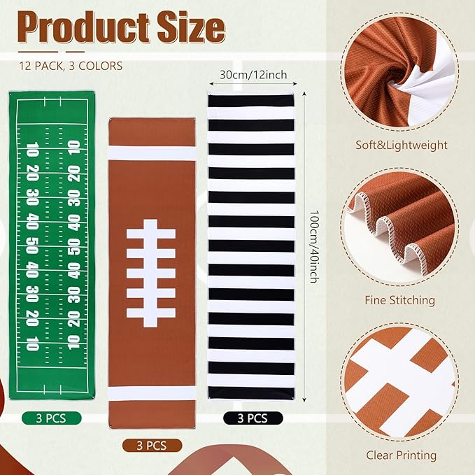 12 Pcs Football Cooling Towels, 40''x12 Football Breathable Chilly Ice Towel, Ice Microfiber Foot Ball Field Black White Stripe Cooling Rag for Team Coach Gift Sport Party Favors