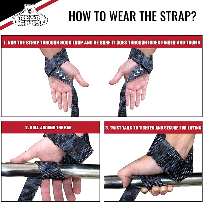 Bear Grips Lifting Straps - Gym & Weightlifting Straps for Men & Women, Deadlift Support, 2 Pairs