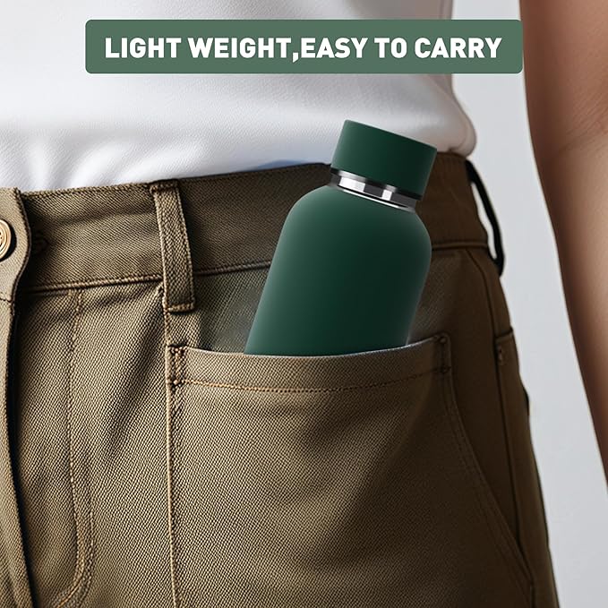 Small Water Bottle 12oz with Clip, Double Wall Stainless Steel Vacuum Small Insulated Water Bottle Keeps Drinks Cold 24 Hrs/Hot 12 Hrs for Kids Handbag School BPA Free (Emerald Green)