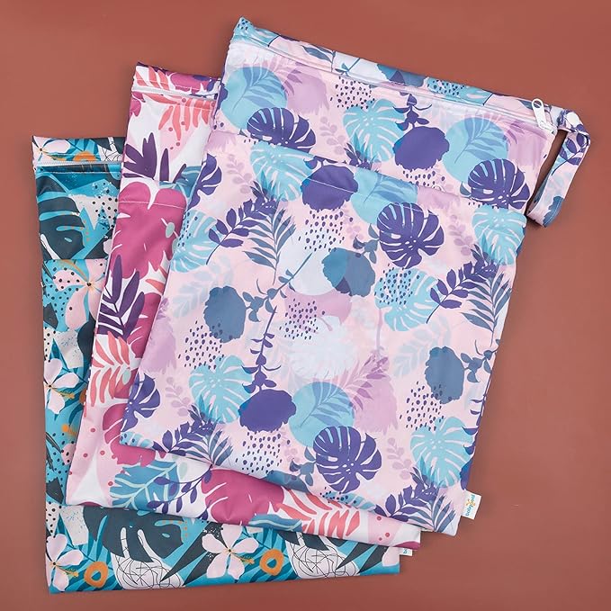 babygoal Wet Dry Bags for Baby Cloth Diapers, Washable Travel Bags, Beach, Pool, Gym Bag for Swimsuits & Wet Clothes with Two Zippered Pockets 3 Pack, 3LN19