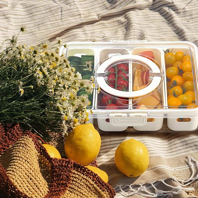 Divided Serving Tray with Lid & Handle| Multi-Purposed Snackle Box Bundle 8ct & 4ct Dividers 20pc Mini Forks| Snackle Box Container for Fruits Nuts Candy Charcuterie Platters Road Trips Picnics