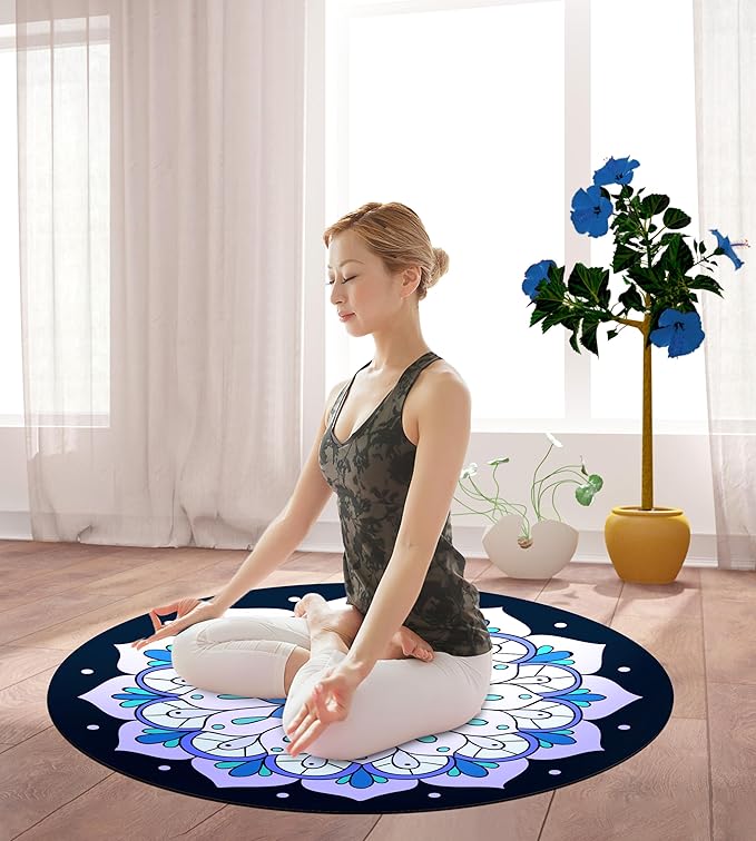 nuveti Large Meditation Mat Round Yoga Mat Pilates Yoga Mat 3.5mm Thick Natural Tree Rubber Base Non Slip, Extra Thick Grip. Thicker, Longer, and Wider for More Comfort and Support(55''x55'')
