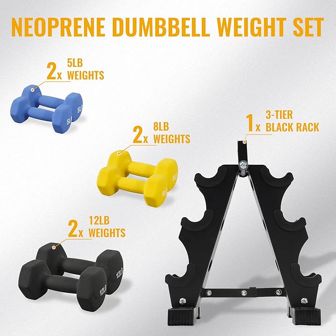 Colored Neoprene Dumbbell Set with Rack, Multiple Weight Options, 20LBS, 32LBS, 50LBS and 56LBS Sets