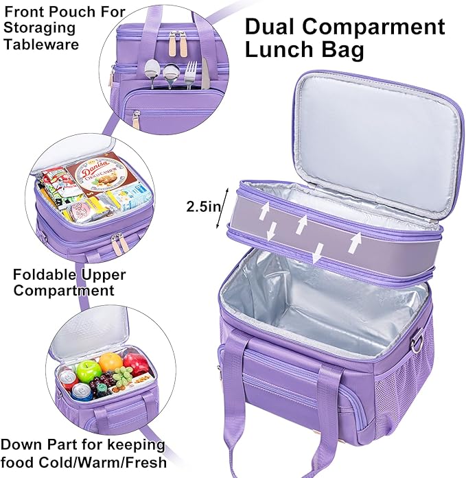 Weitars Insulated Lunch Box for Women Men-Dual Compartment Waterproof Reusable Large Lunch Bag Wide-Open Tote Cooler Bag for Working Picnic Hiking (15L) (Purple)