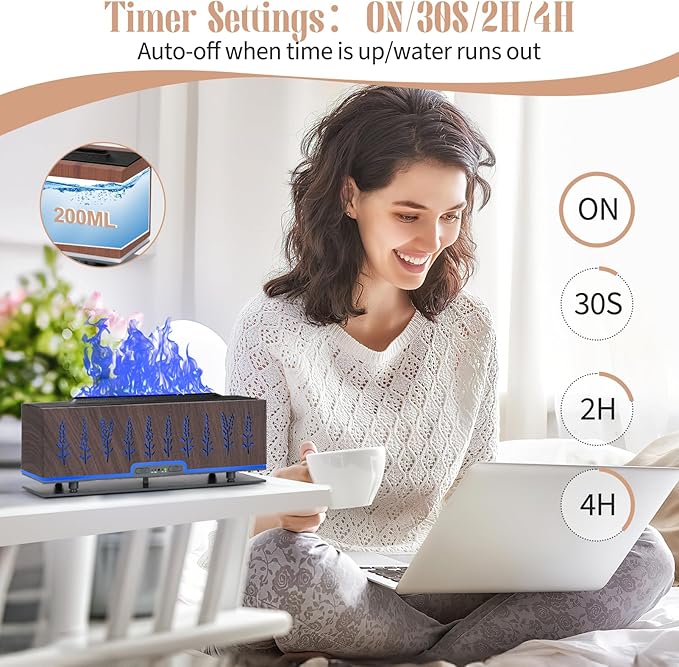 Colorful Essential Oil Diffuser, 7 Colors Flame Fire Diffuser, 200ML Ultra-Quiet Aromatherapy Diffuser with Remote Control, Timer Up, Auto-Off Protection for Home,Office,Bedroom (Deep Brown)