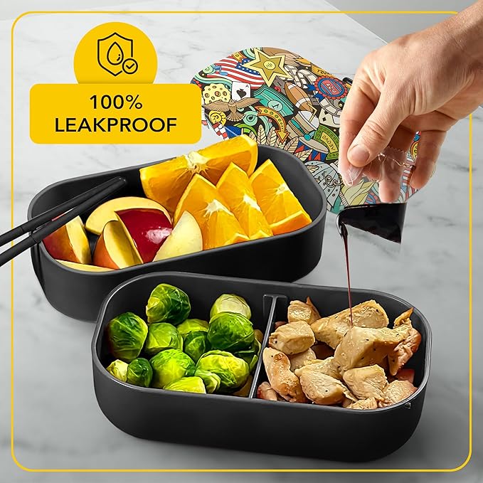Insulated Stackable Bento Box for Adults with Reusable Chopsticks Japanese Lunch Box Microwavable & Leak Proof Lunch Containers for Men & Women Modern Cute Food Container with Compartments (Black)