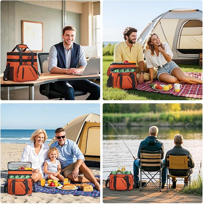 Maelstrom Lunch Box, 20L Insulated Lunch Bag for Men Women, Expandable Double Deck Leakproof Cooler Bag with 6 Pockets, Reusable Lunch Tote Bag for Work, Picnic, Travel, Orange