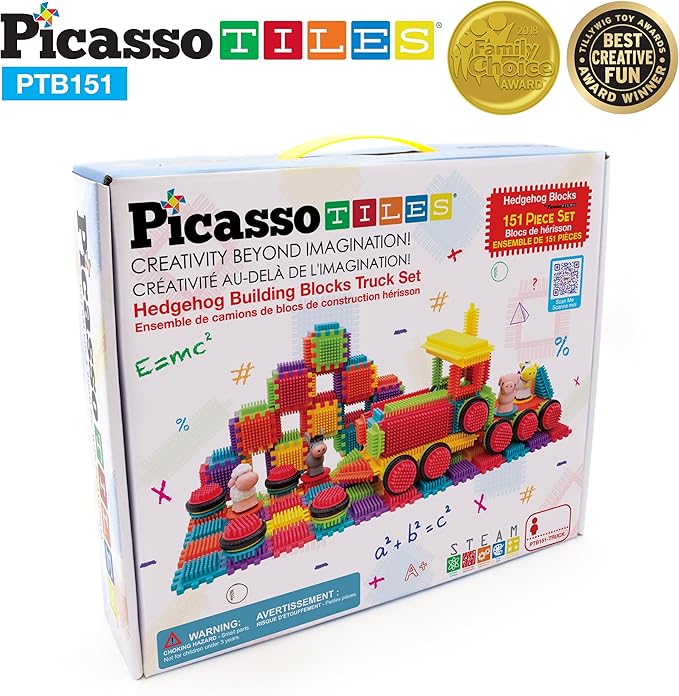 PicassoTiles PTB151 151pcs Hedgehog Lock Block STEM Building Tiles Truck Theme Set Learning Playset STEM Toy Set Educational Kit Child Brain Development Preschool Kindergarten Toy w/Animal Figures