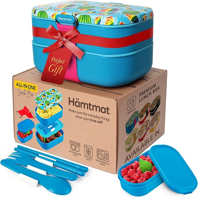 Insulated Stackable Bento Box for Adults with Reusable Chopsticks Japanese Lunch Box Microwavable & Leak Proof Lunch Containers for Men & Women Modern Cute Food Container with Compartments (Blue)