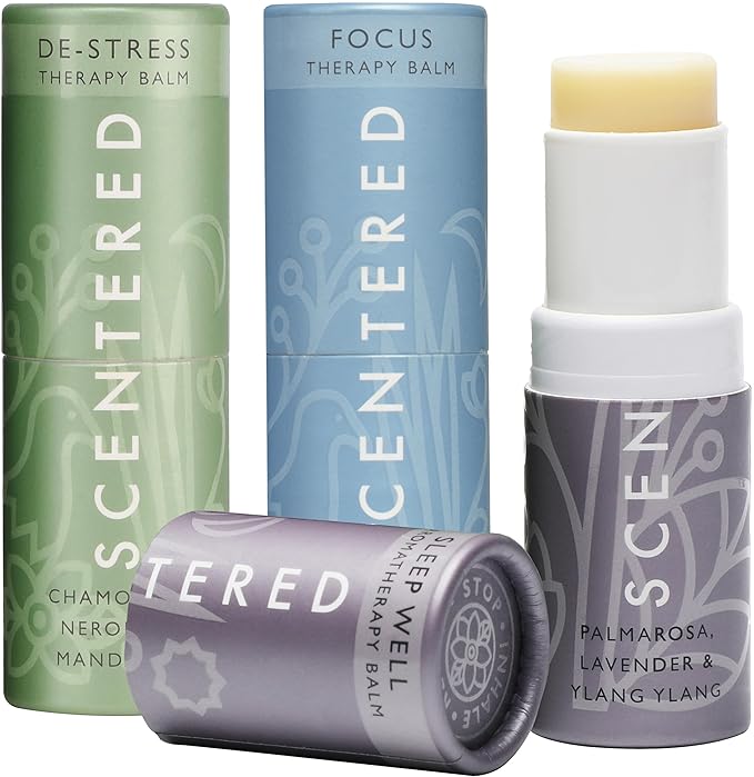 Scentered Aromatherapy Balm Gift Set - Calm & Confident - Pack of 3 Balms: Sleep Well, De-Stress, Focus - Rosemary, Cedarwood, Lavender Essential Oils - Aromatherapy Gifts for Women