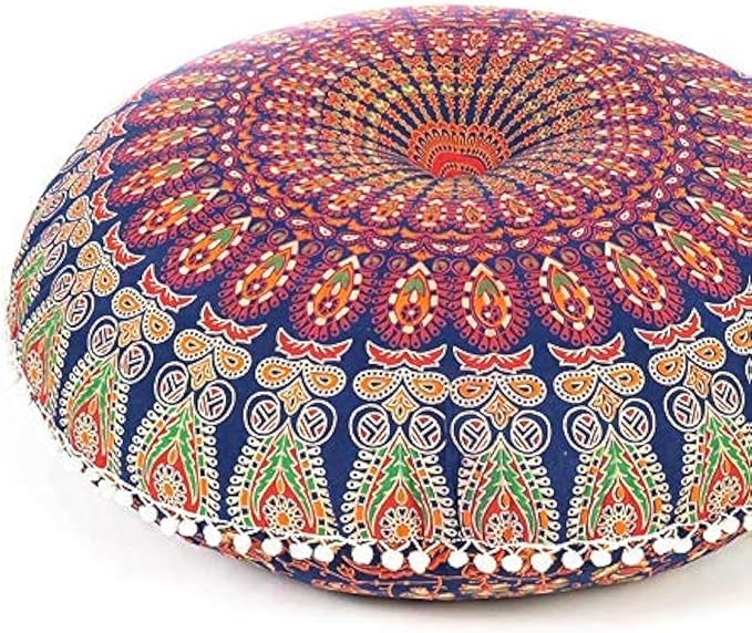 Eyes of India - Mandala Floor Pillow Cover Meditation Cushion Seating Throw Hippie Round Colorful Decorative Bohemian Indian Pouf Ottoman Handmade Cover ONLY (A1 Dark Blue-2, 32" x 32")