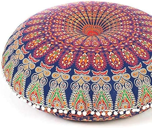 Eyes of India - Mandala Floor Pillow Cover Meditation Cushion Seating Throw Hippie Round Colorful Decorative Bohemian Indian Pouf Ottoman Handmade Cover ONLY (A1 Dark Blue-2, 32" x 32")