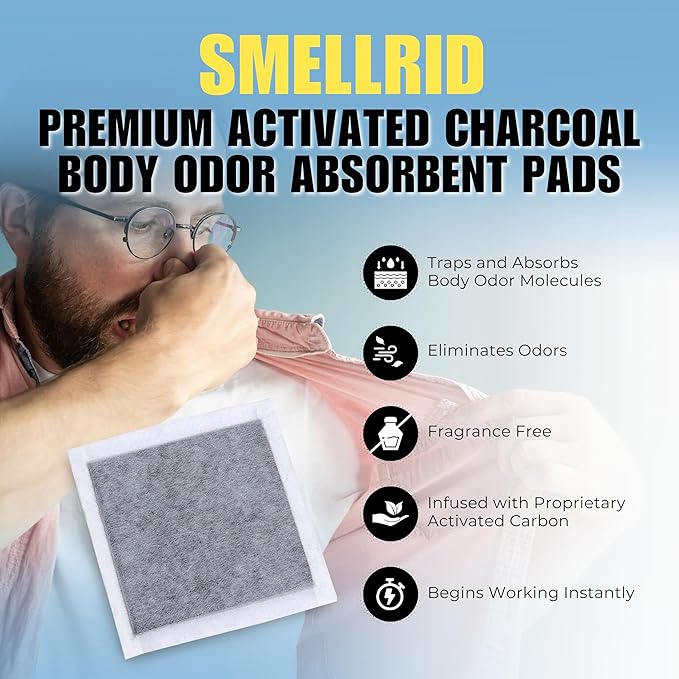 SMELLRID Activated Charcoal Odor Absorbent Pads – 12 Unscented Adhesive (4"x4") Charcoal Pads for Body Odor, Shoes, Underwear & On-the-Go Odor Eliminator