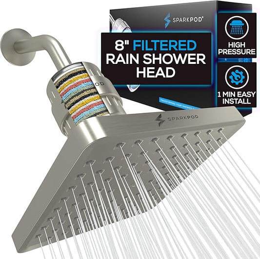SparkPod Luxury Filtered Shower Head Set 23 Stage Shower Filter - Reduces Chlorine and Heavy Metals - High Pressure Showerhead Filter (8" Square, Elegant Brushed Nickel)