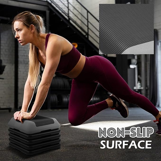 Fitvids Step Aerobic Platform, Exercise Step with 5 levels Adjustable Height, 4 Stackable Risers, Fitness Training Workout Stepper for Home Gym, Cardio Strength, Multiple Options