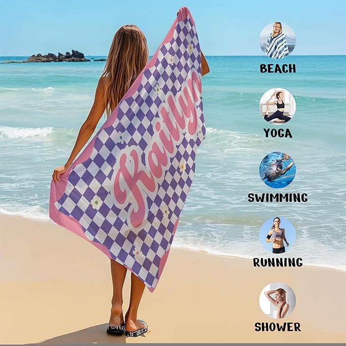 JML Personalized Beach Towel with Name, Custom Flower Beach Towel, Customized Microfiber Pool Towel, Quick Dry & Absorbent Swim Towel for Adult,Anniversary, Birthday, Summer Holiday,Vacation
