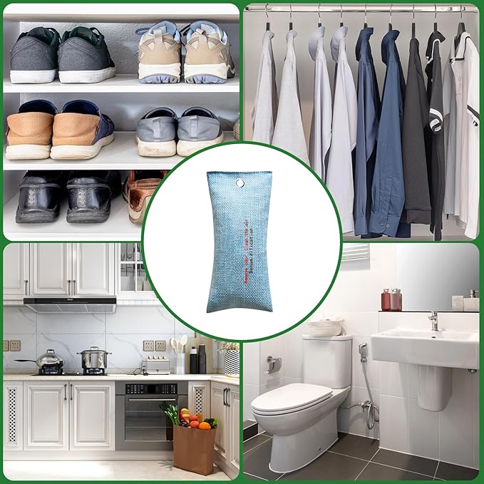 4 Pack charcoal odor absorber,Bamboo Charcoals Air Purifying Bag Charcoals Deodorizer Eliminator for Strong Odors in Car, Closet, Shoe, Basement (75G* 4 Pack Blue, Unscented)