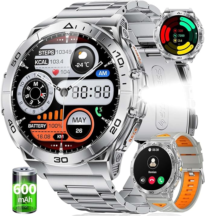 EF16 Smart Watch for Men with Bluetooth Call, 1.6" AMOLED Fitness Tracker Watches, 600mAh Battery/2 Straps/100+ Sports/IP68 Waterproof/LED Flashlight Smartwatch for Android iPhone Compatible