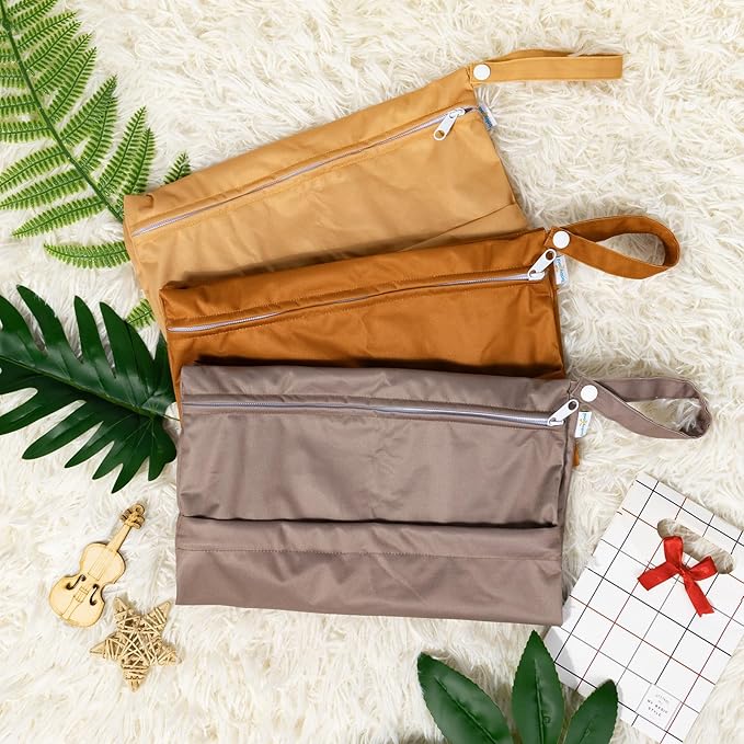 babygoal Wet Dry Bags for Baby Cloth Diapers, Washable Travel Bags, Beach, Pool, Gym Bag for Swimsuits & Wet Clothes with Two Zippered Pockets 3 Pack, 3LN20