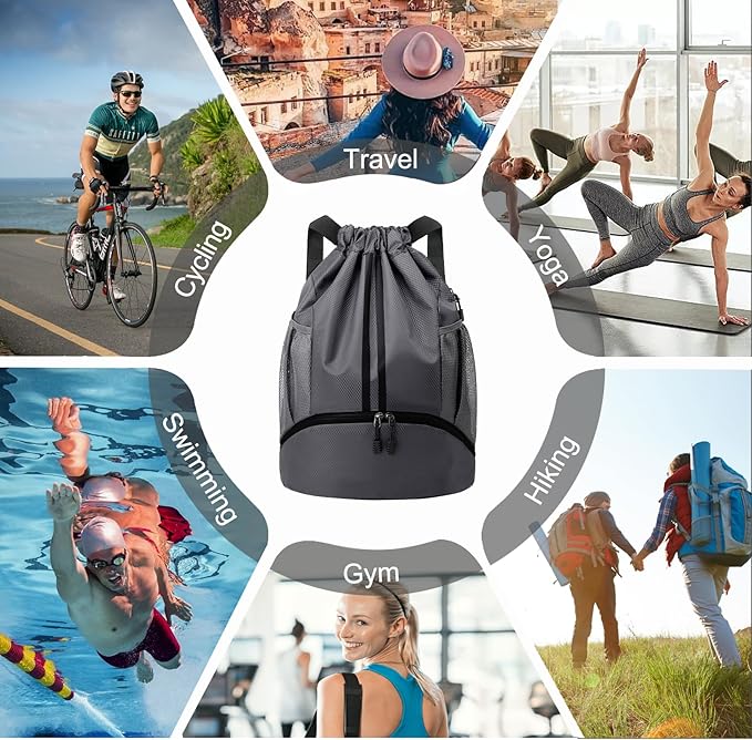Hoedia Sports Drawstring Backpack - String Swim Gym Bag with Shoes Compartment and Wet Proof Pocket for Women and Men, Dark Grey