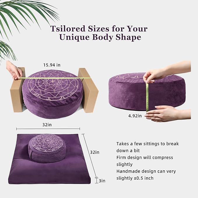 Zafu & Zabuton Meditation Cushion Set - Buckwheat Hull & Memory Foam Pillows, Ergonomic Support for Yoga, Mindfulness - Organic Velvet Cover, Large Size, Durable Comfort (Purple)