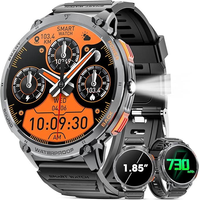 Military Smart Watch for Men 1.85" HD Touch Screen 730mAh Battery Smart Watches with LED Flashlight for Android iOS (Bluetooth Call Answer/Dial Calls) Fitness Tracker with Heart Rate Blood