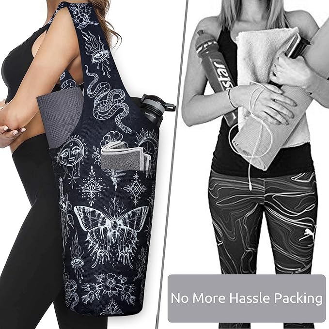 Fashion Printed Yoga Mat Bag with Large Side Pocket & Zipper Pocket Long Tote Yoga Bag Fit Most Size Mats - Holds More Yoga Accessories