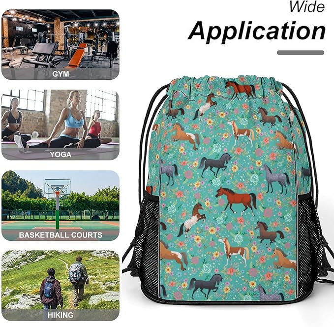 Horse Flower Drawstring Backpack Gym Bag With Shoe Compartment String Bag Sport Beach Swimming Sackpack For Women Men