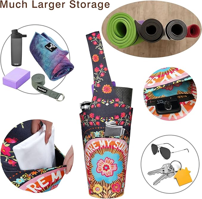 Fashion Printed Yoga Mat Bag with Large Side Pocket & Zipper Pocket Long Tote Yoga Bag Fit Most Size Mats - Holds More Yoga Accessories