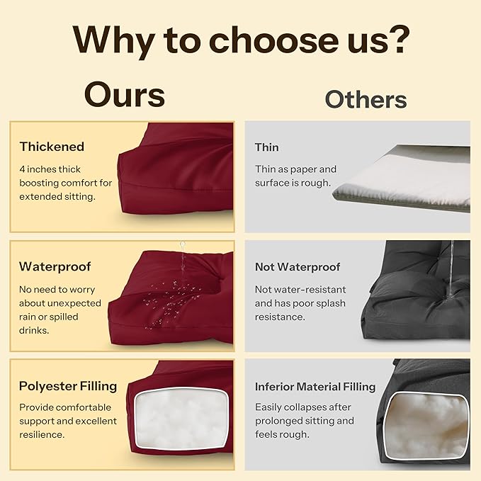 Waterproof Outdoor Bench Cushion 49"X20"X4" Comfortable Outdoor Chair Cushions Tufted Garden Bench Pad UV Resistant and Fade Resistant (1, Red)