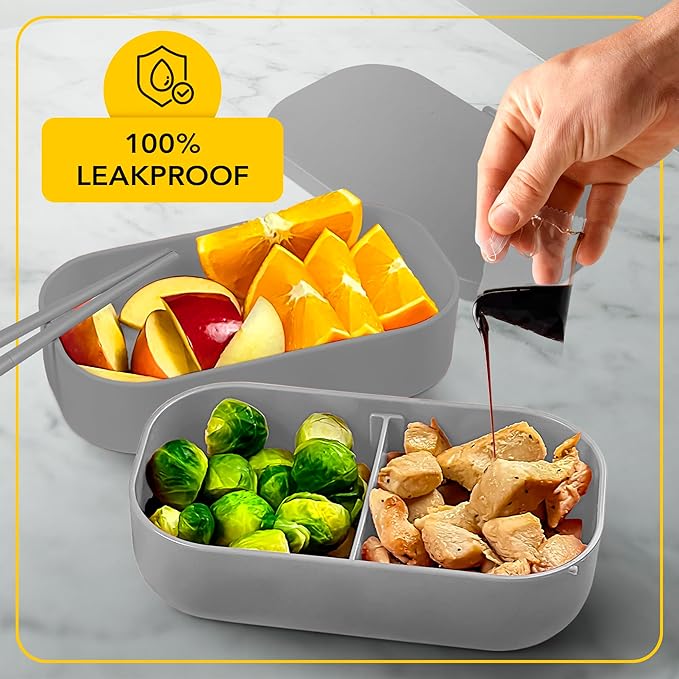 Premium Bento Lunch Box for Adults with Reusable Chopsticks, Modern Cute Food Container with Compartments, Leak Proof, Microwavable & Freezer Safe, Gray, 7.5x4.7x4.5 in (190x119x114 mm)