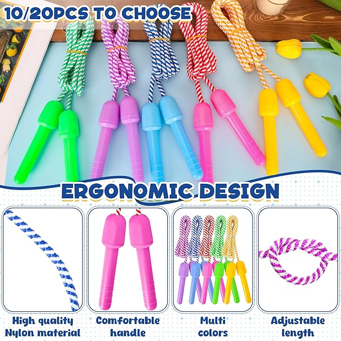 Kids Jump Rope, Colorful Nylon Skipping Ropes for Children, 7.78FT Adjustable Length, 5.51IN Handles, Lightweight Skipping Ropes Set for Indoor & Outdoor Play Fitness School Activities