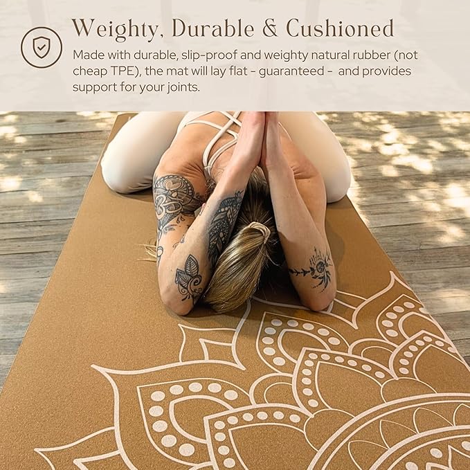 Premium Cork Yoga Mat Large 72"x26" – 5mm Thick Natural Rubber Cushioning - Non Slip Grip for Hot Yoga - Optional Alignment Lines & Elegant Yoga Bag Or Strap