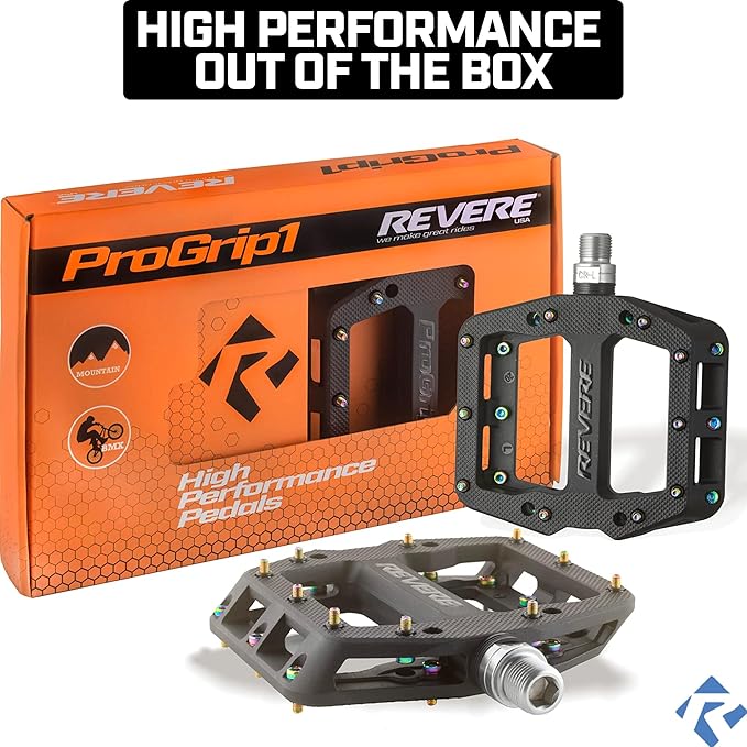 Revere Pro Grip MTB Mountain/Gravel Bike Pedals, Ultra Smooth Bearings, Non-Slip Indestructible Lightweight Nylon Composite Bicycle Platform Pedals 9/16" Spindle, Replaceable Oil Slick or Gold Pins