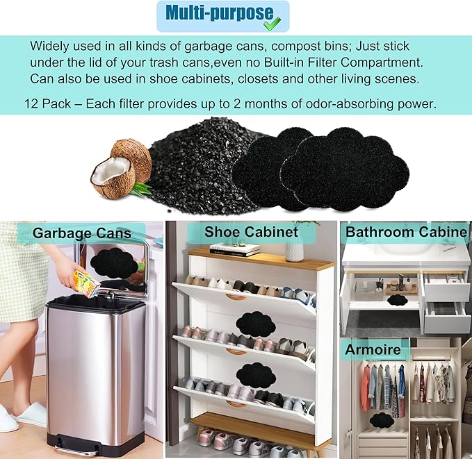 12-Pack Universal Stick-on Trash Can Odor Absorbing Filters, Activated Charcoal Purifying Deodorizer for Trash Cans, Compost Buckets, Countertop and Recycle Bins (Cloud)