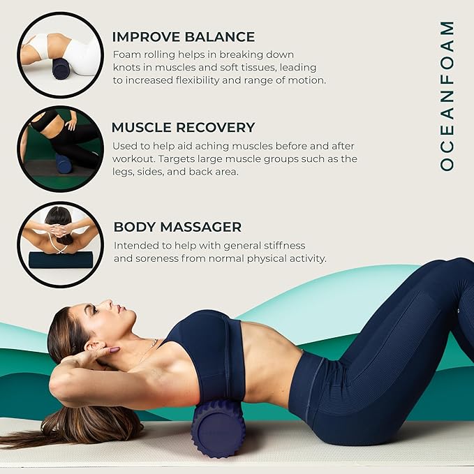 Oceanfoam Tidal Roller - Dark Navy - Muscle Massage Foam Roller for Back Pain & Stretching - Firm and Ergonomic Wide Wave Textured - Yoga, Athletics, & Wellness - Full Size, 20" x 5"