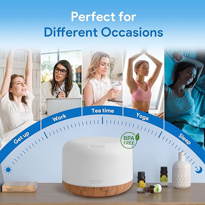ASAKUKI Essential Oil Diffuser 500ml, Ultrasonic Aromatherapy Humidifier with Remote Control, 7 LED Colors, Timer & Auto-Off, Large Room Diffuser
