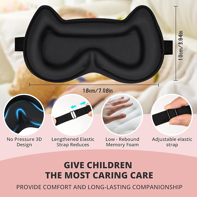 3D Kids Sleep Eye Mask: 3D Contoured Cup Sleeping Masks, Blindfold Sleep Eye Cover with Adjustable Strap, Memory Foam Lightweight Night Eyeshade for Boys Girls Teens (Pink)
