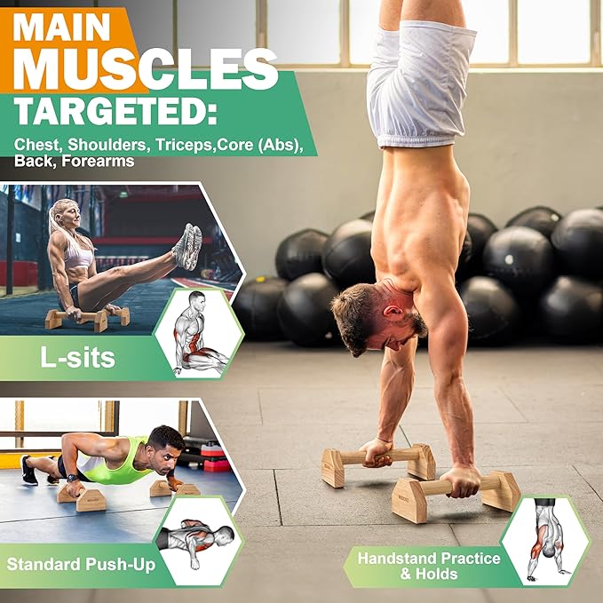 Parallettes Push Up Bar, Oak Wood Calisthenics Equipment for Home Gym with Non-Slip Base, Handstand Trainer Push Up Handles for Floor Dip Workout and Strength Training
