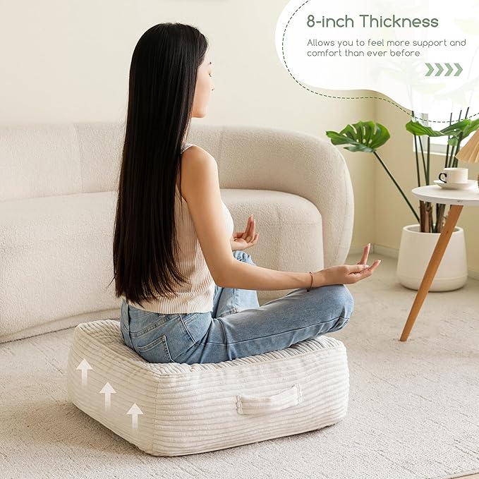 8" Washable Floor Pillow Cushion for Adults, Meditation Cushion Pillow, Large Square Floor Sitting, Removable Tufted Corduroy Cover, for Tatami Living Room or Yoga, 22x22 Inch, Machine Washable