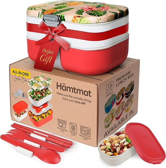 Insulated Stackable Bento Box for Adults with Reusable Chopsticks Japanese Lunch Box Microwavable & Leak Proof Lunch Containers for Men & Women Modern Cute Food Container with Compartments (Red White)