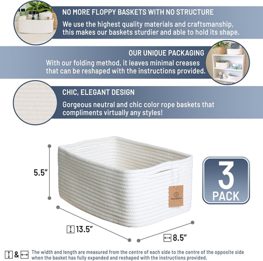 NaturalCozy 13.5”x8.5”x5.5” Storage Baskets for Shelves 3 Pack | Cotton Rope Woven Small Baskets for Organizing | Small Storage Bins for Nursery, Bathroom, Closet, Cube Shelf, Decorative, Gift