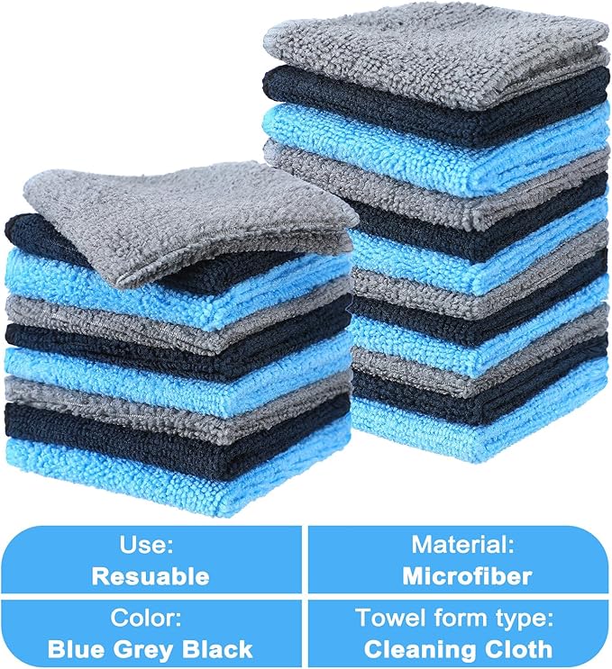 Tanlade 30 Pcs Microfiber Cleaning Cloth 6"x6" Cleaning Rags Reasonable Kitchen Towels Microfiber Towels Cars Wash Dry Erase Cloth (Blue/Gray/Black)