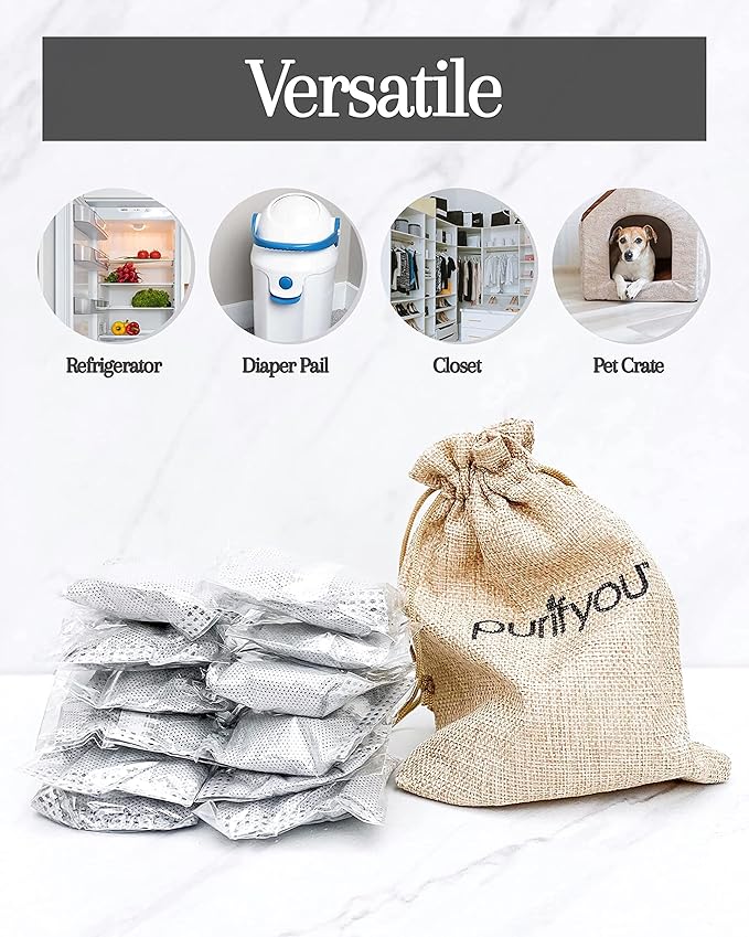 100% Natural Bamboo Charcoal Air Purifying Bag - Set of 12 Carbon Filters, Deodorizer Bags, Odor Absorber for Diaper Pail, Trash, Shoes, Closets, Cars, Fridge, Pets House, Kitchen, Home by purifyou
